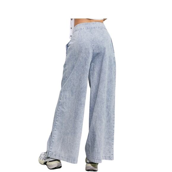 Play My Way Super Wide Leg Pleated Denim Jeans Pants Acid Wash Stripe NWT sz LG - Picture 3 of 11
